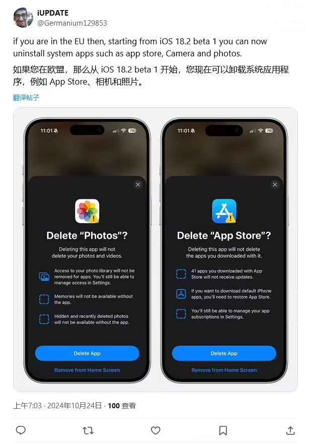 九湖镇苹果手机维修分享iOS 18.2 支持删除 App Store 应用商店 