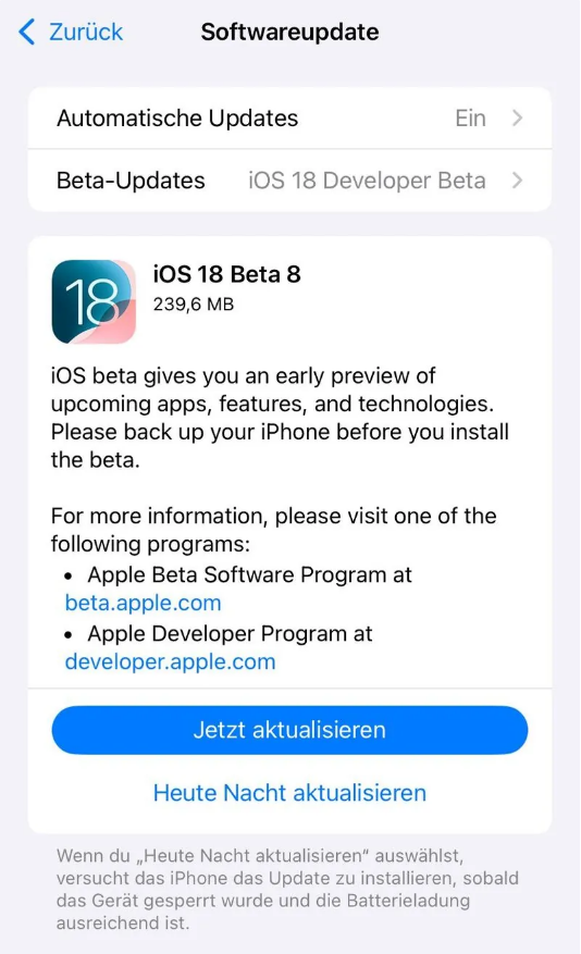 九湖镇苹果手机维修分享苹果 iOS / iPadOS 18 开发者预览版 Beta 8 发布 